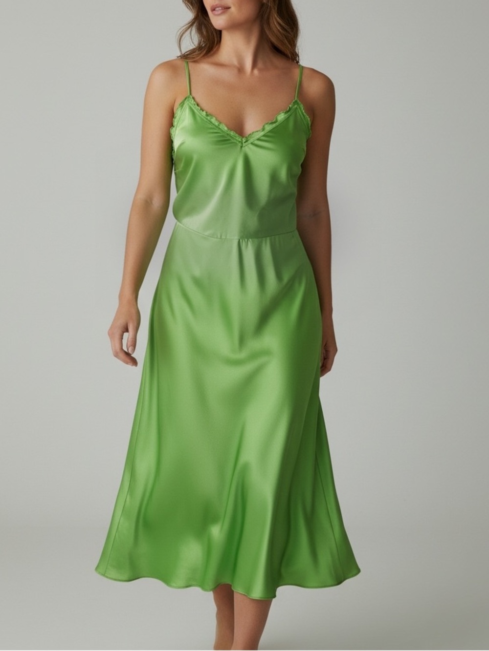 Green Satin Slip Midi Dress - Women's